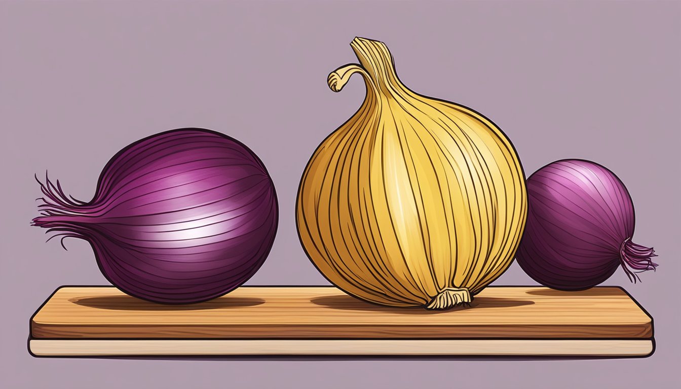 A red onion and a yellow onion sit side by side on a cutting board, ready to be sliced and used in a recipe