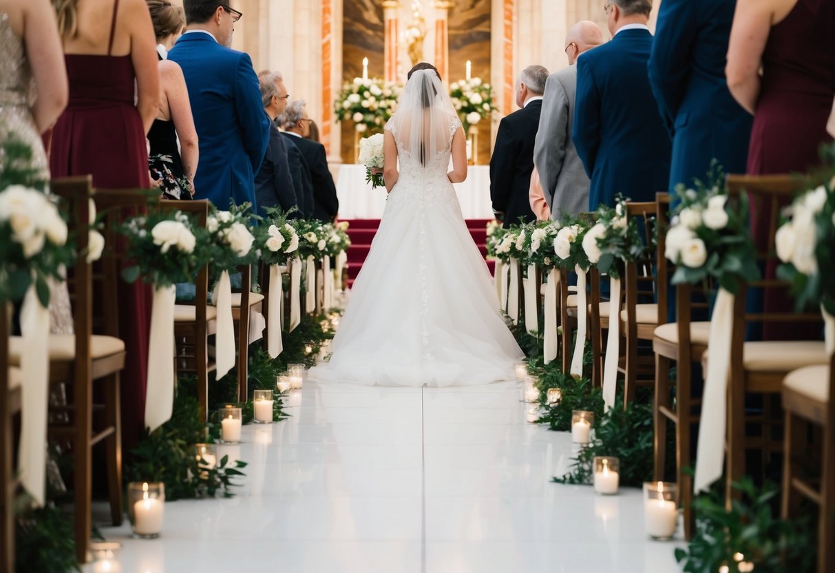 A bride walks down a flower-lined aisle towards an altar