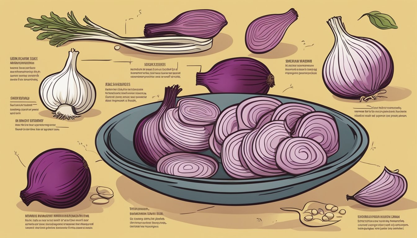 A red onion being swapped for a yellow onion in a recipe, with various flavor profiles (sweet, pungent, mild) depicted through accompanying ingredients