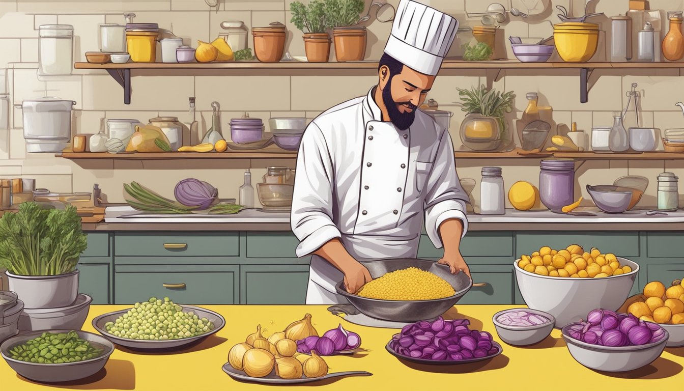 A chef swapping red onions for yellow onions in a recipe, with various health foods and ingredients surrounding them