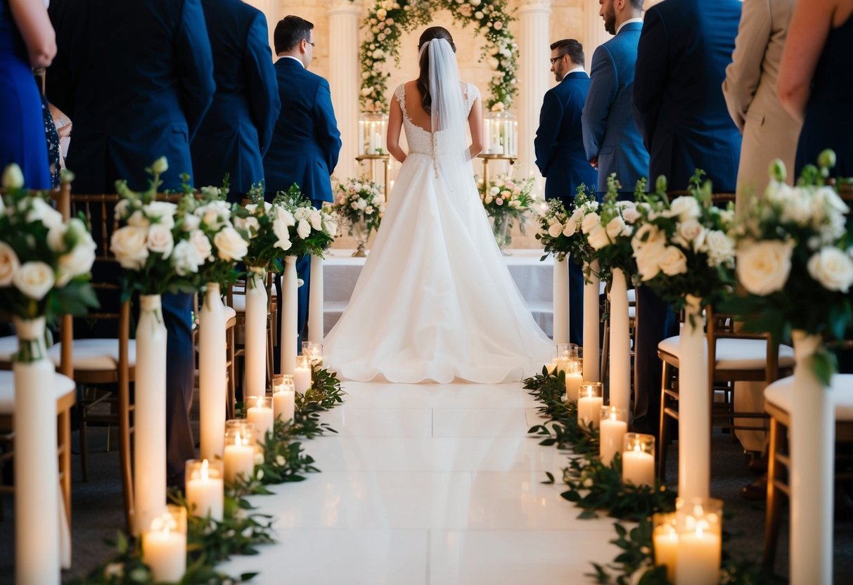 A bride walks down an aisle lined with flowers and candles towards her groom at the altar