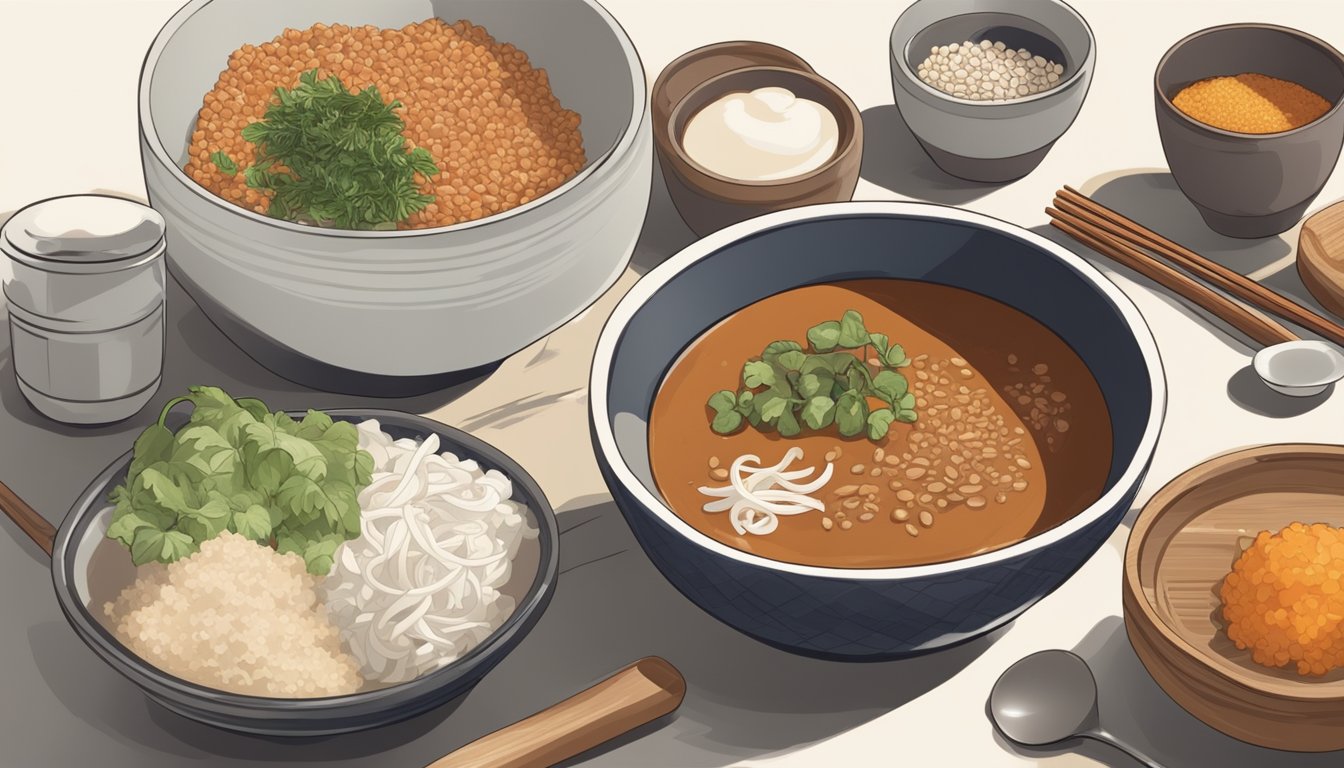 A bowl of red miso being swapped for a bowl of white miso in a kitchen setting, with various fresh ingredients and cooking utensils nearby