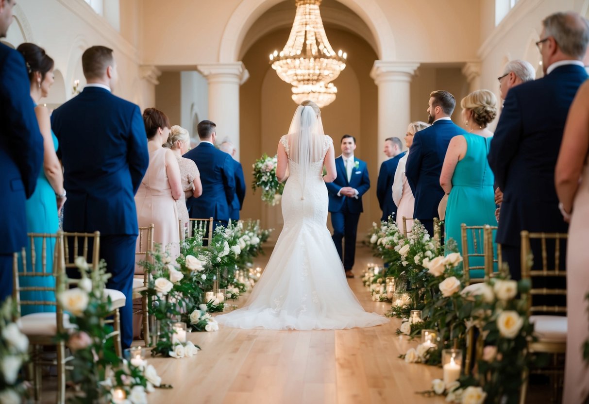 A bride walks down a flower-lined aisle towards her groom, as the processional music plays softly in the background
