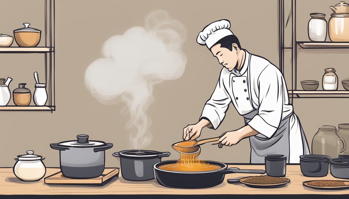 A chef swapping a spoonful of red miso for white miso in a steaming pot of soup