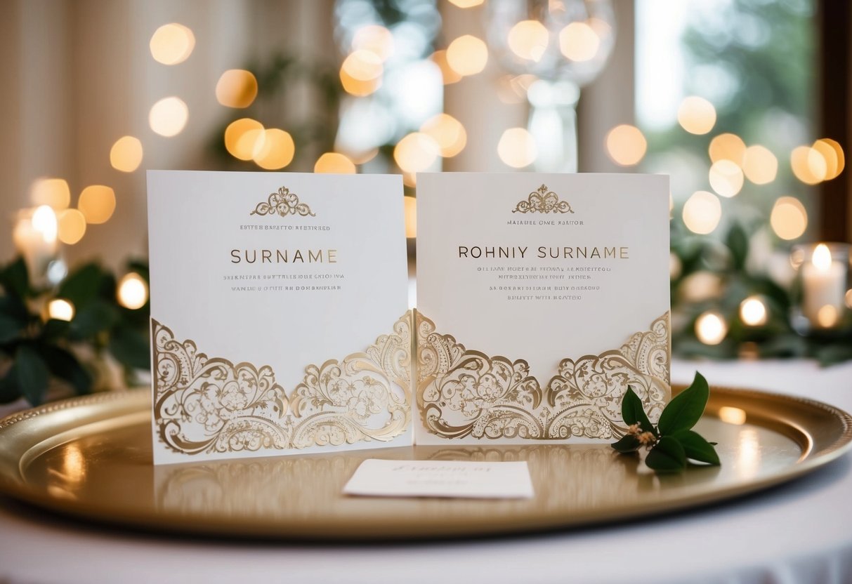 A beautifully designed wedding invitation with two elegant surnames displayed prominently