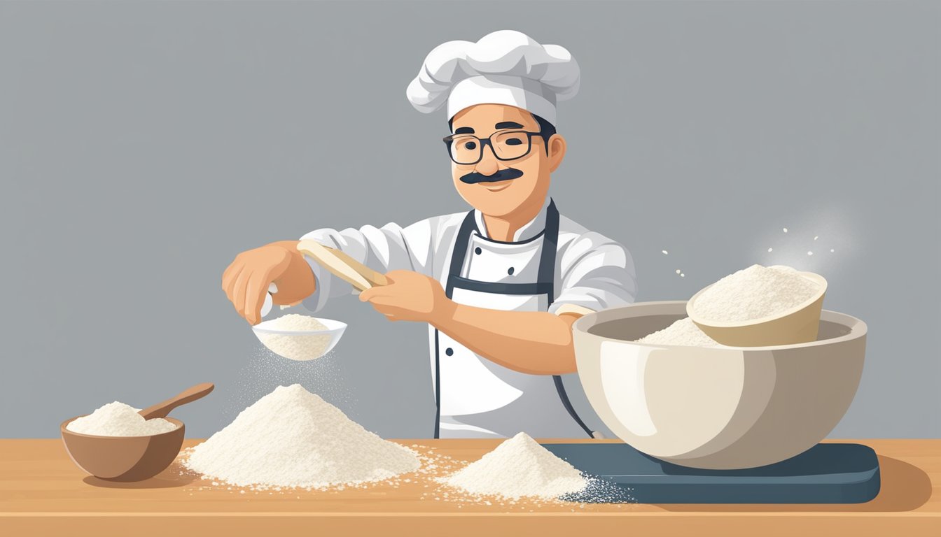 A chef pours rice flour from a bag into a measuring cup, then sifts it into a mixing bowl next to a bag of all-purpose flour