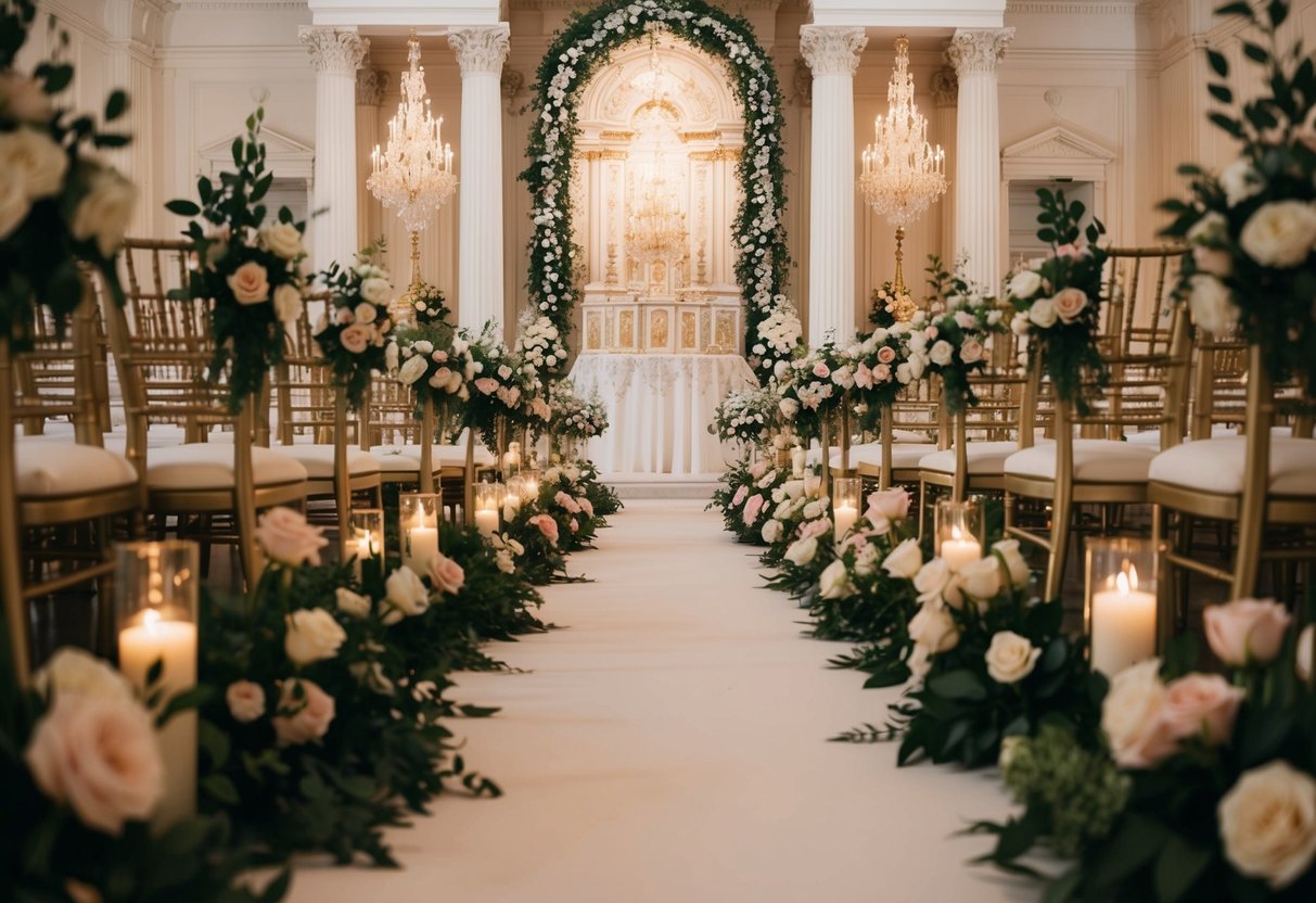 A grand, flower-lined aisle leading to an ornate altar adorned with intricate decorations and soft, romantic lighting