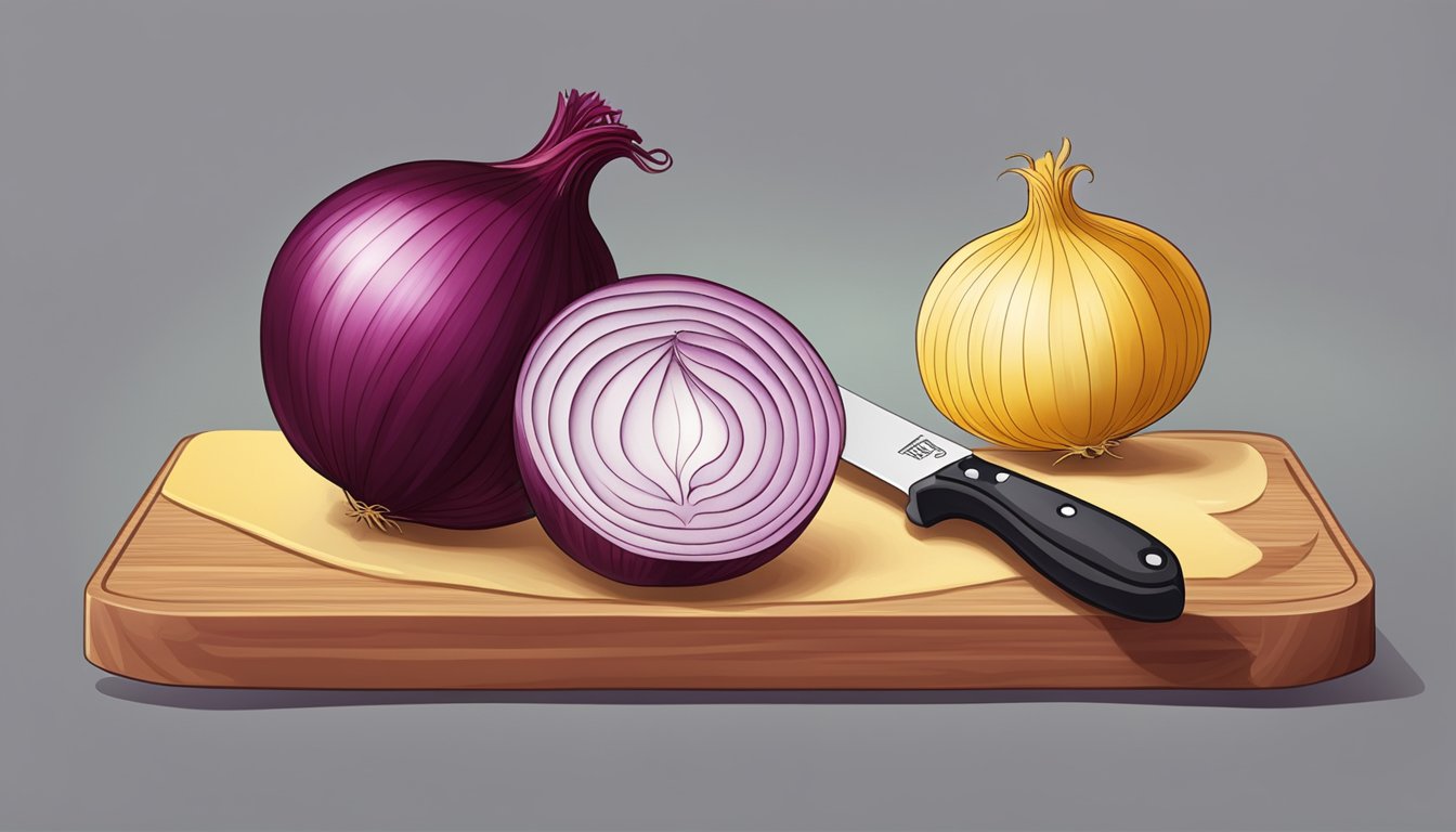 A red onion placed next to a yellow onion, with a knife and cutting board nearby