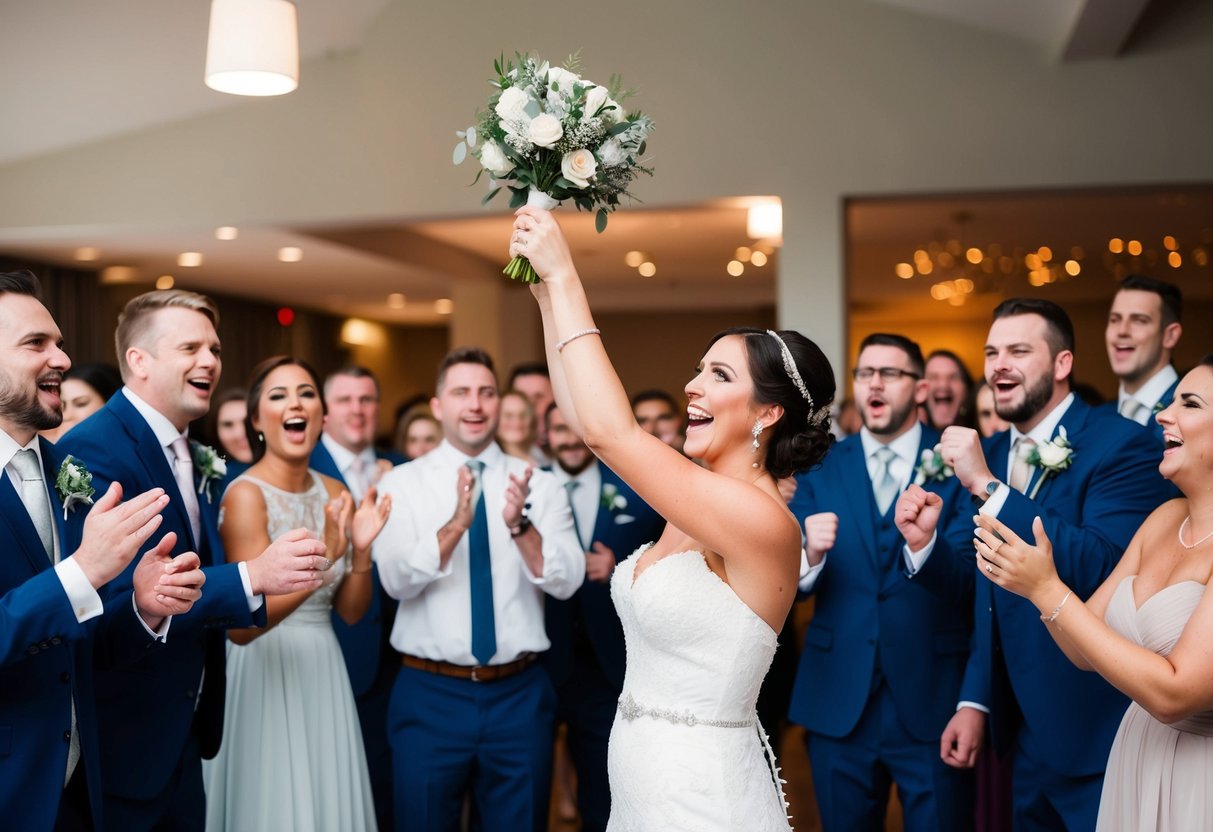 A bride tosses a garter to a group of cheering wedding guests