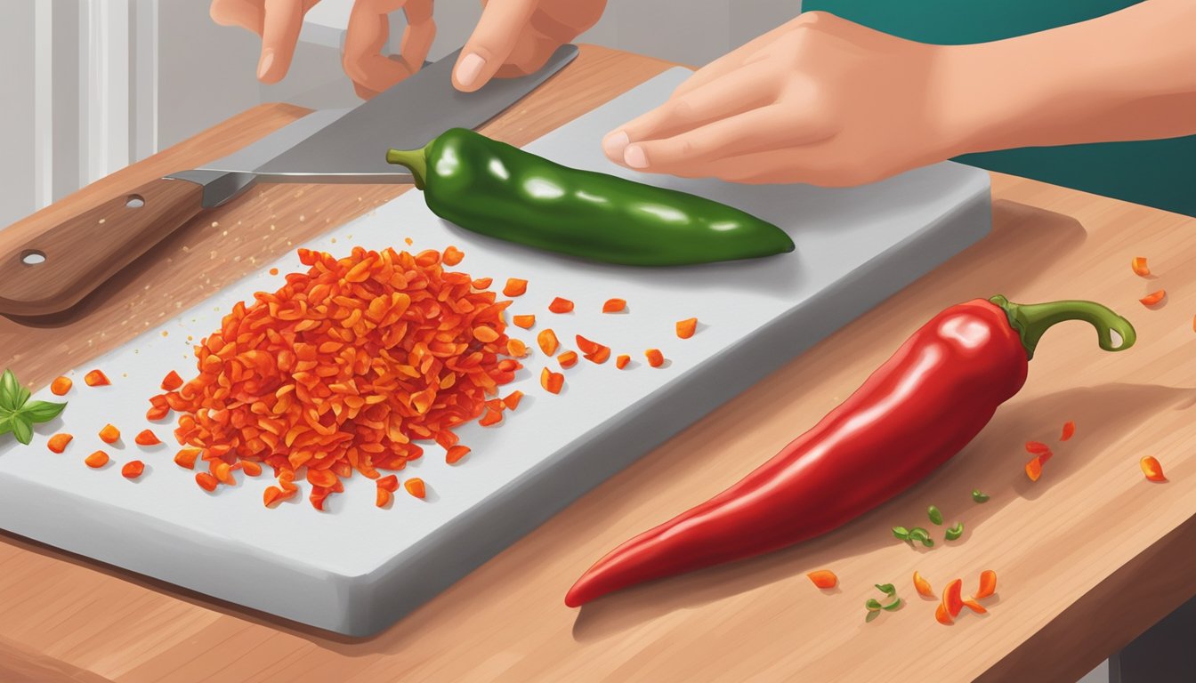 A hand sprinkles red pepper flakes onto a cutting board, next to a whole fresh chili pepper