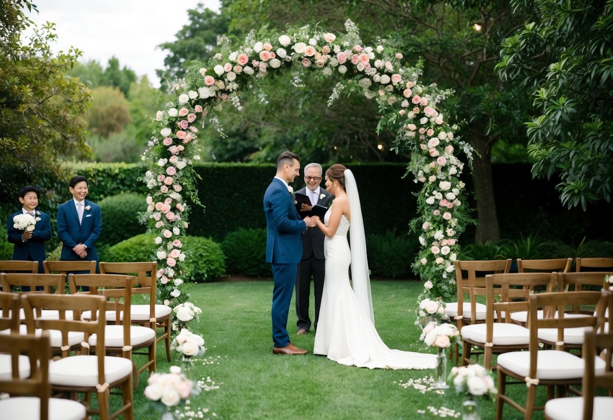 A flower-covered archway stands in a lush garden, with rows of chairs set up for guests. A small, intimate wedding ceremony is taking place under the archway, with the couple exchanging vows and rings