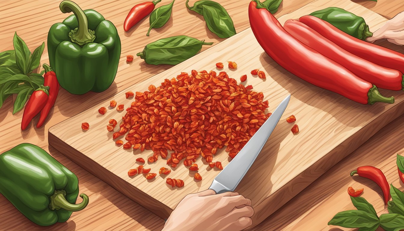 A hand reaching for red pepper flakes next to fresh chili peppers on a cutting board