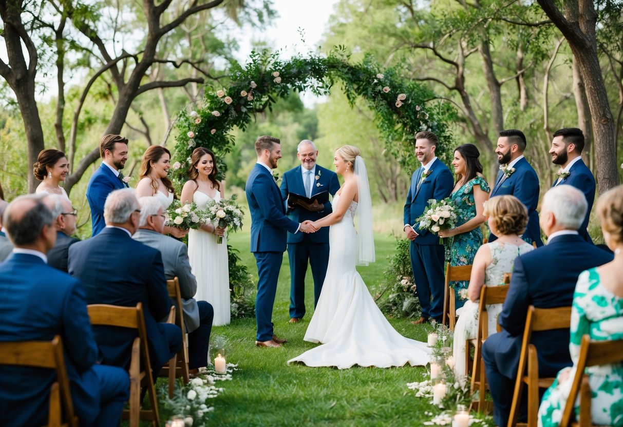 A couple stands in a circle of loved ones, surrounded by nature. They exchange vows under a canopy of trees, reimagining the traditional wedding aisle