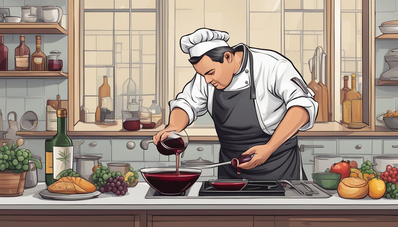 A chef pouring red wine into a saucepan instead of port