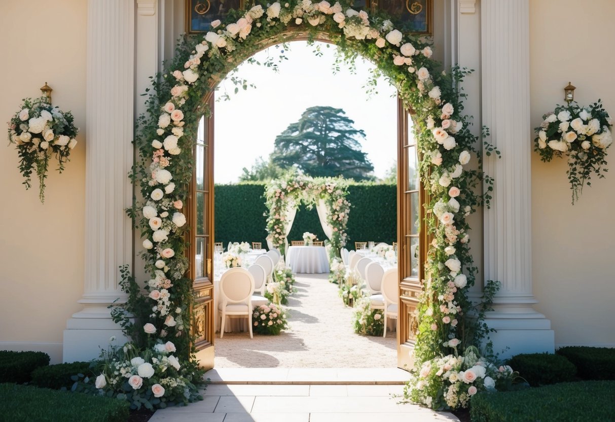 A grand, ornate doorway adorned with flowers and greenery, leading into a sunlit garden filled with elegant decor and seating for guests