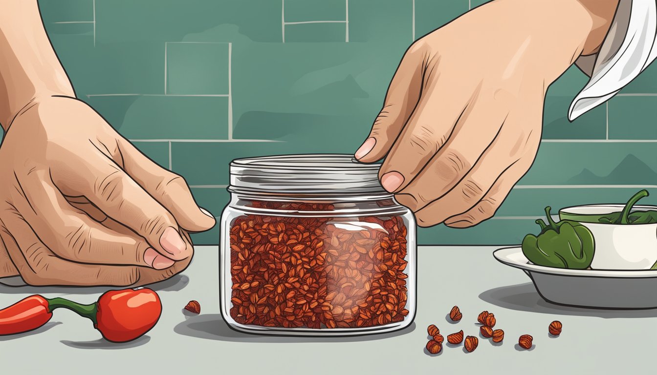 A hand reaching for a fresh chili and a jar of red pepper flakes on a kitchen counter