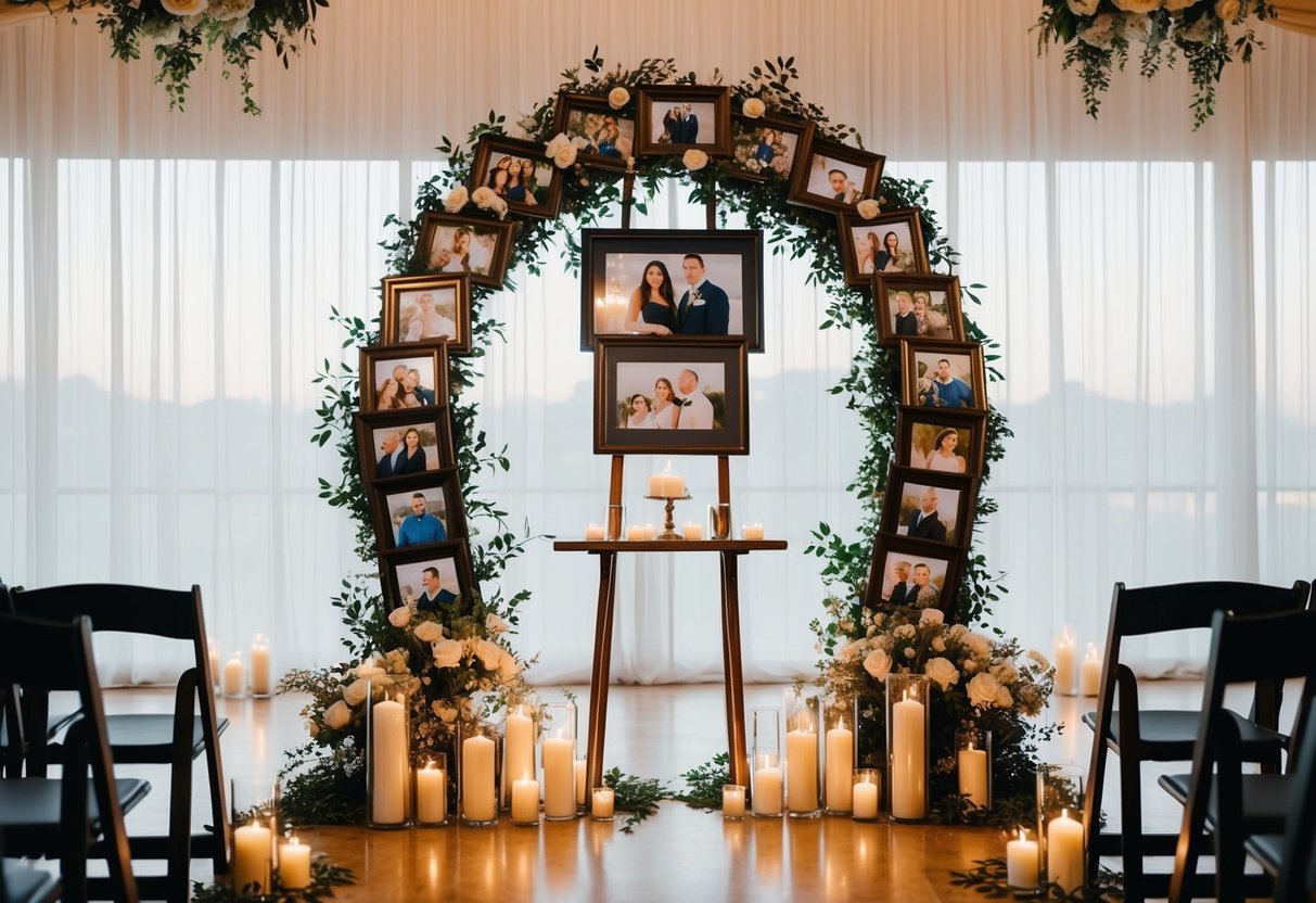 A wedding arch adorned with framed photos of family members, surrounded by candles and flowers, stands as a focal point in the ceremony space