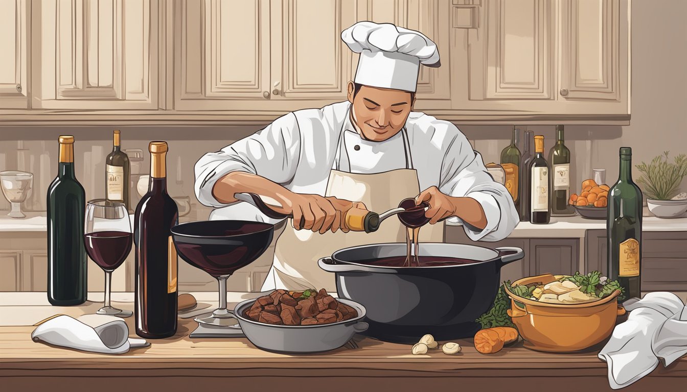 A chef pouring rich, dark port wine into a simmering pot of savory stew, with a bottle of red wine sitting nearby