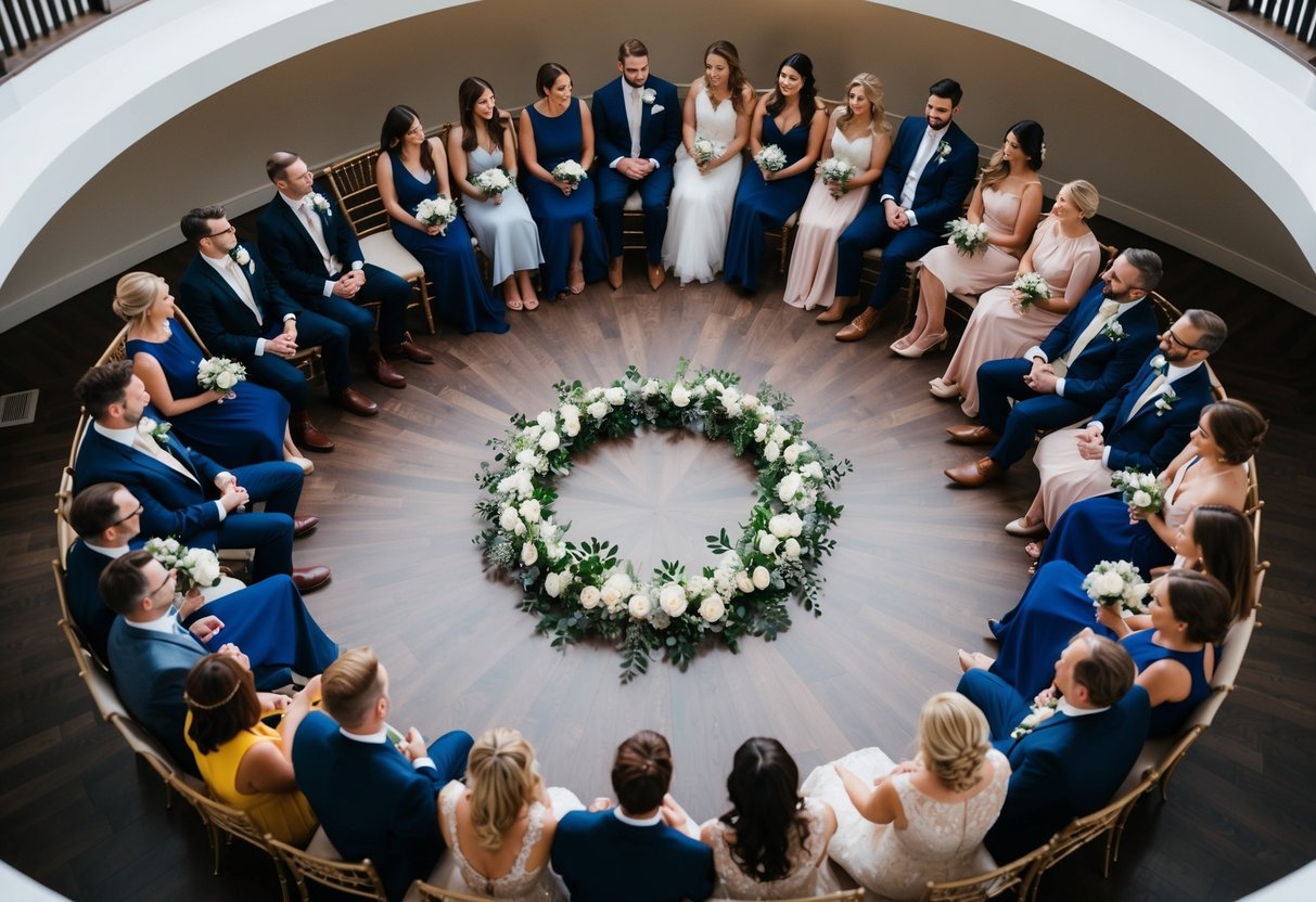 A circular wedding venue with guests seated around a central focal point, where the couple exchanges vows and rings without walking down a traditional aisle