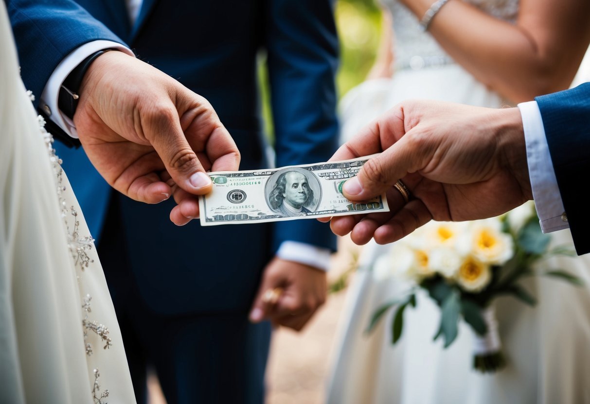 A couple's hands exchanging money for wedding decorations