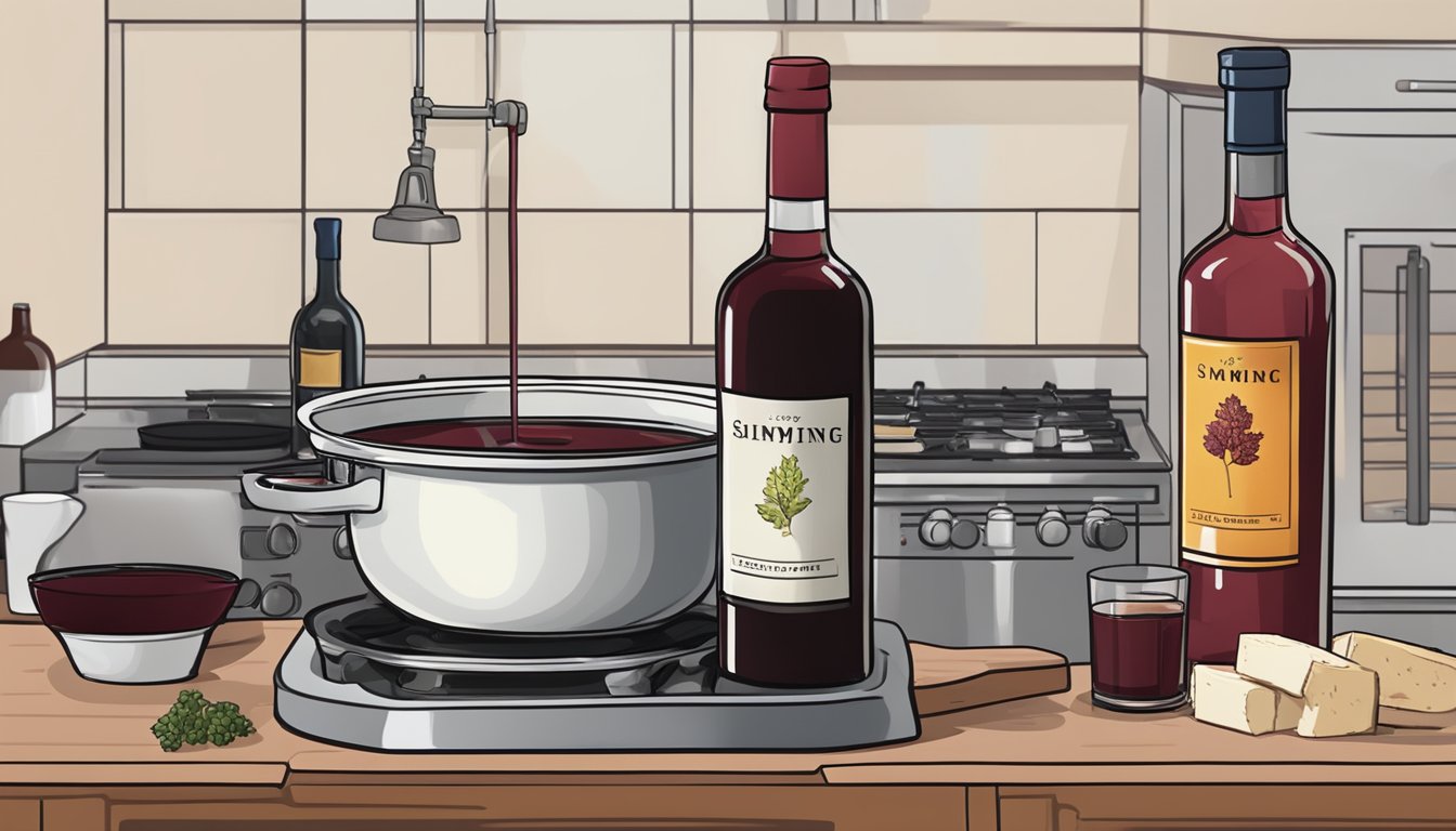 A bottle of red wine being poured into a pot of simmering ingredients, with a bottle of port wine sitting on the counter as a comparison