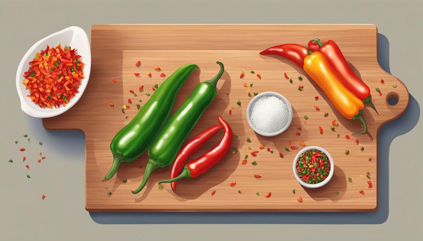 A hand sprinkles red pepper flakes onto a cutting board while a fresh chili pepper sits nearby