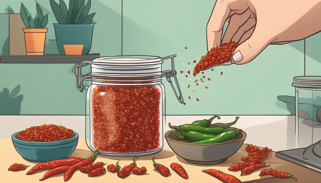 A hand reaching for a jar of red pepper flakes next to fresh chili peppers on a kitchen counter