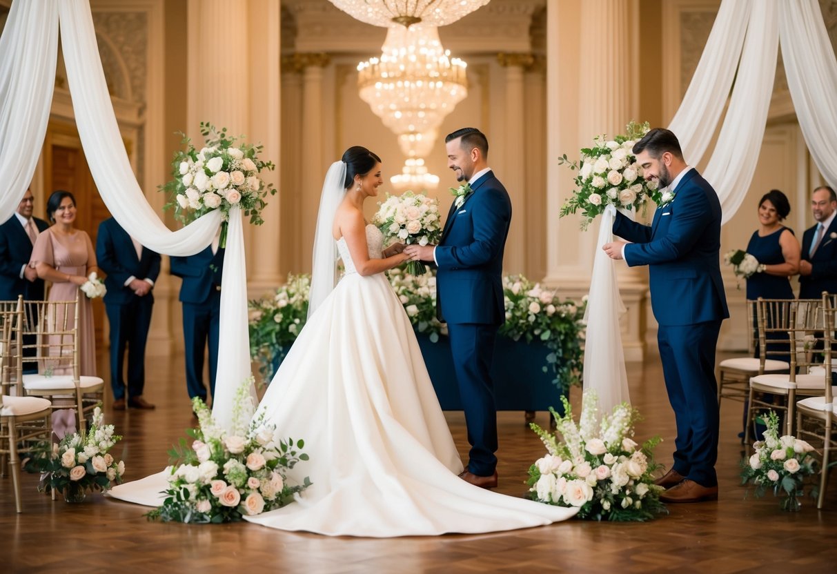 A groom and bride's families split the cost of elegant wedding decorations, arranging flowers and draping fabric in a grand ballroom