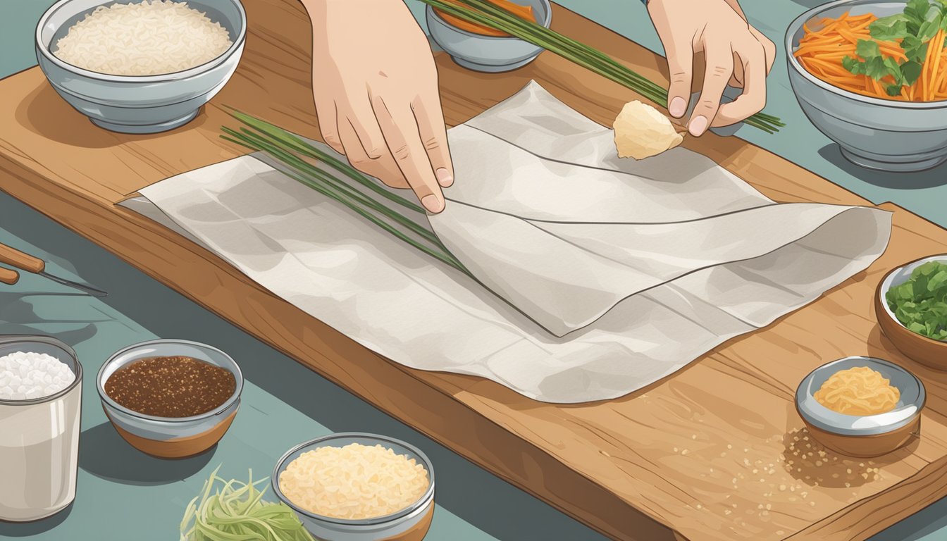 A hand reaching for rice paper instead of spring roll wrappers. Ingredients and cooking utensils scattered on a wooden countertop