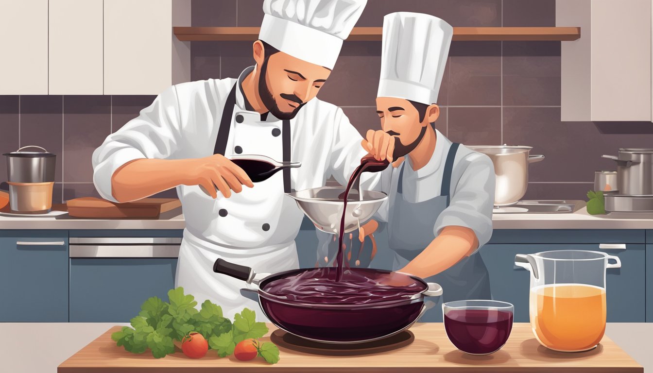 A chef pouring red wine into a pot of simmering sauce, adjusting sweetness and flavor intensity