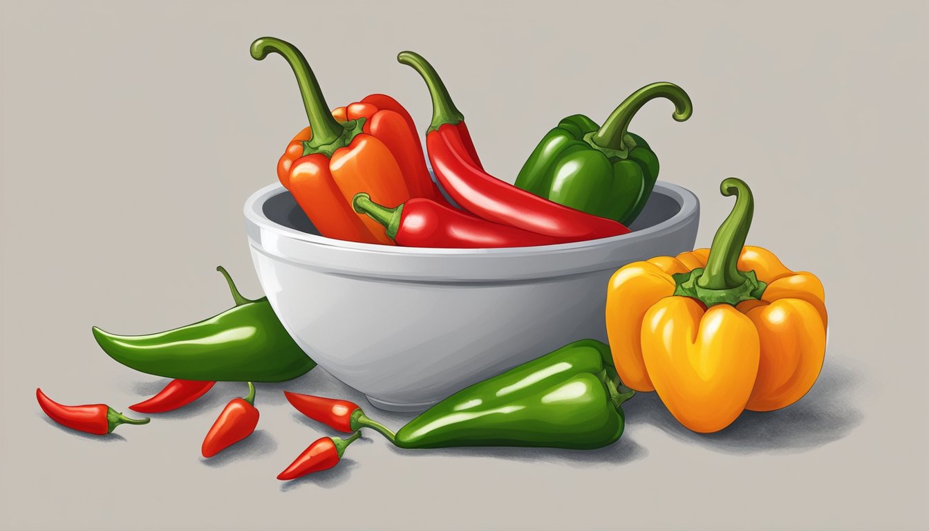 A variety of colorful peppers arranged with a mortar and pestle, and a bowl of red pepper flakes next to fresh chili peppers