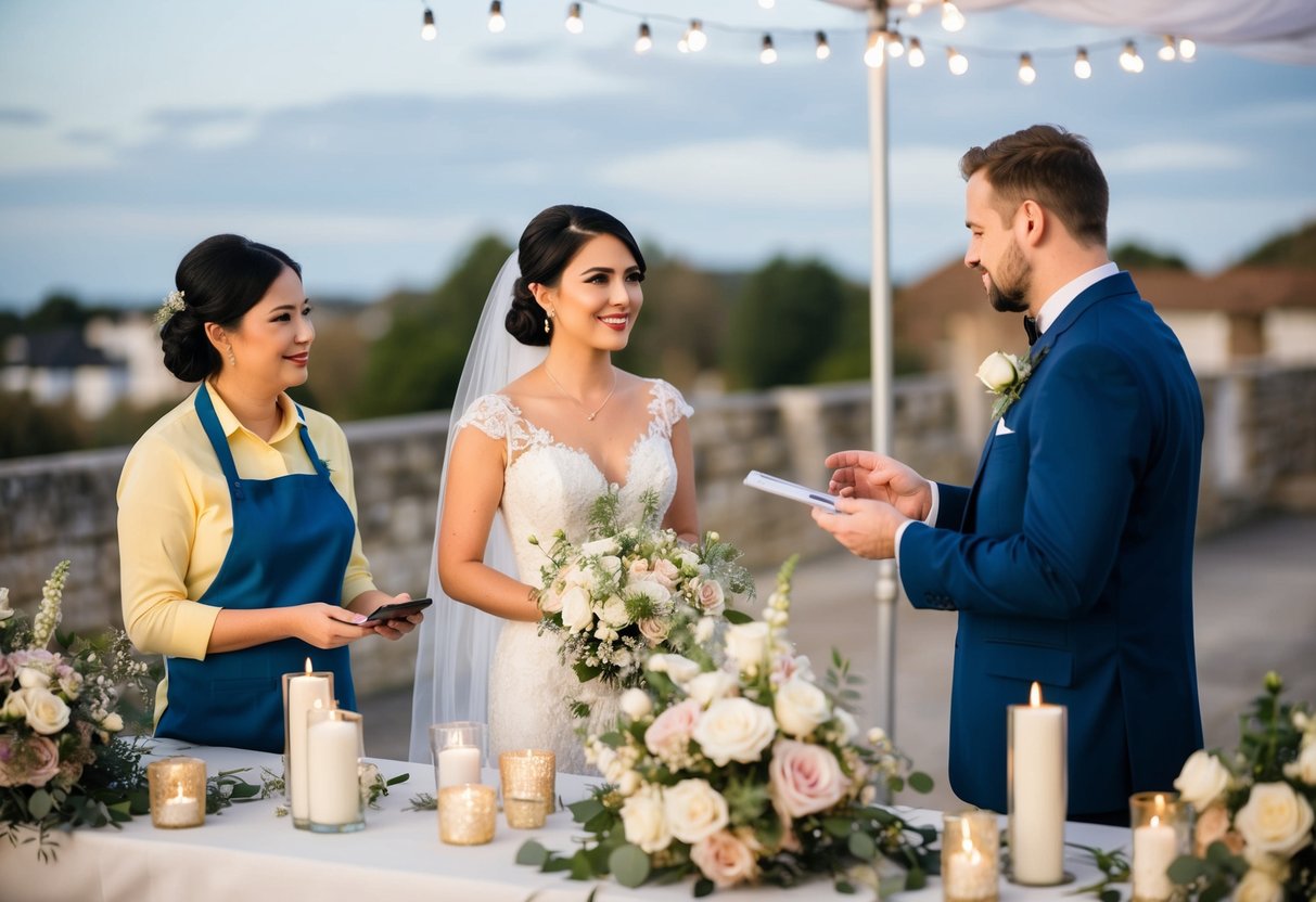 A bride and groom stand beside a table covered in flowers, candles, and other decorative items. They are discussing payment with a vendor