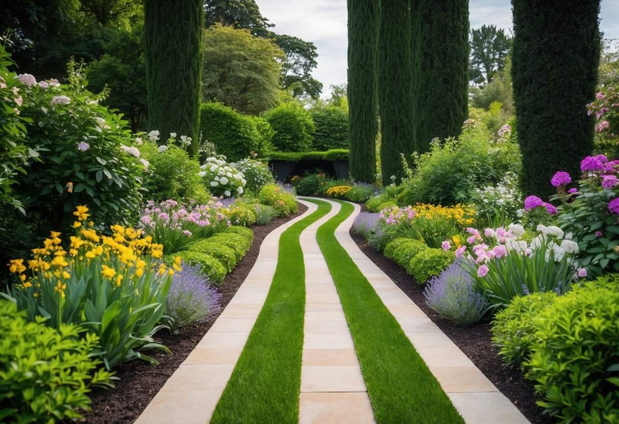 Two paths winding through a lush garden, bordered by blooming flowers and tall trees