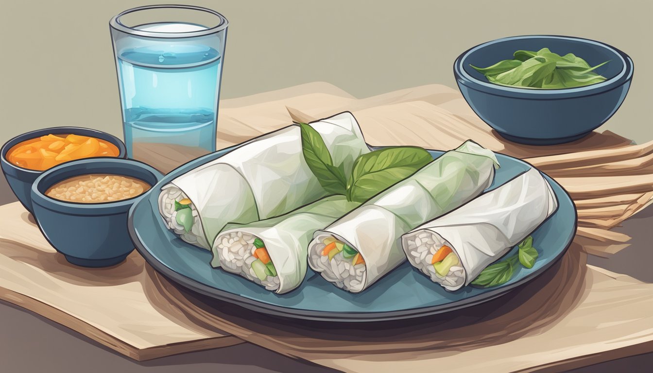 A hand holding a rice paper sheet next to a stack of spring roll wrappers, with various ingredients and a bowl of water nearby for soaking