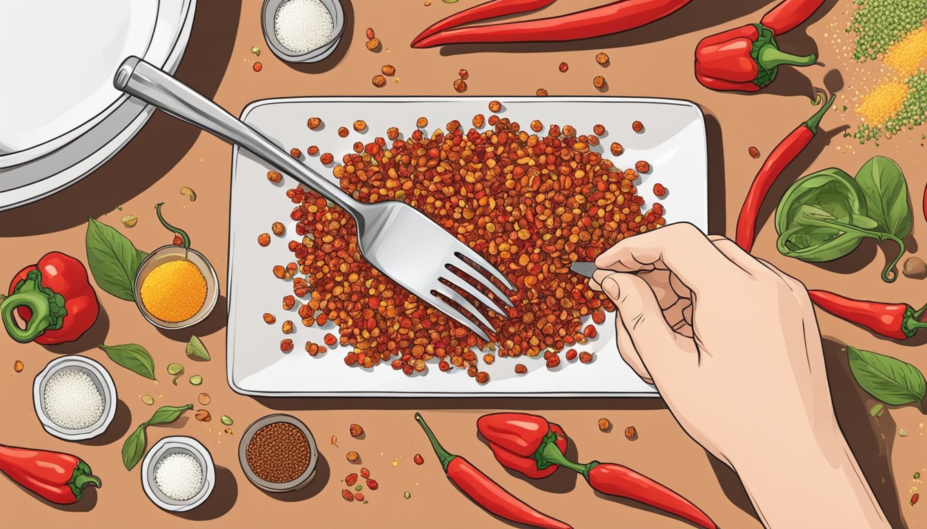 A hand sprinkles red pepper flakes onto a dish, replacing fresh chili. Ingredients and utensils are neatly arranged nearby