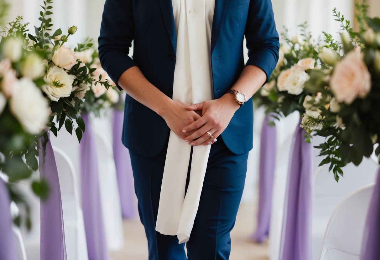 A person walking down a wide, flower-lined aisle, hands gently clasped in front, with a serene expression on their face