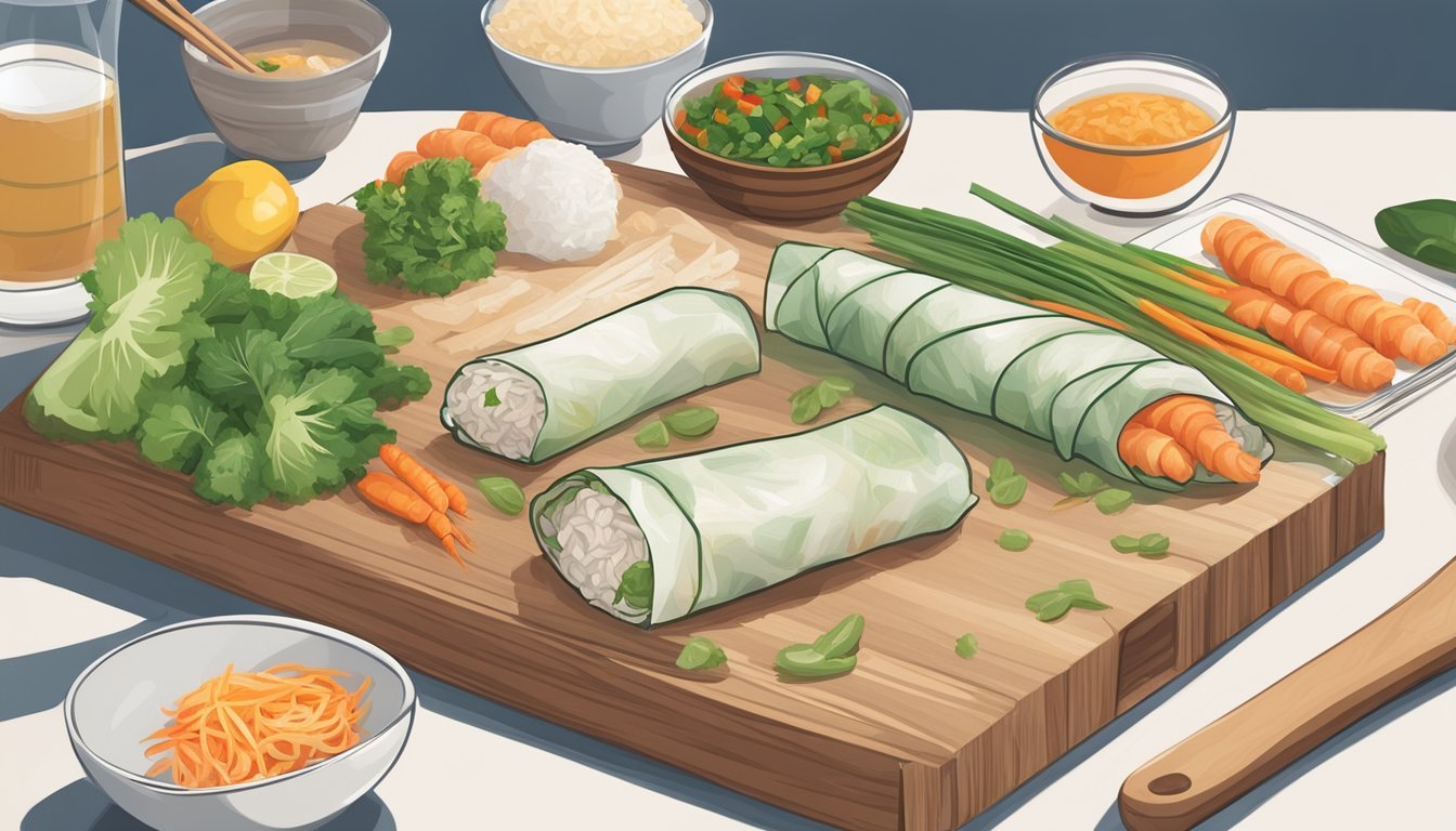 A hand reaching for rice paper next to a stack of spring roll wrappers, with various ingredients such as vegetables, shrimp, and herbs laid out on a cutting board