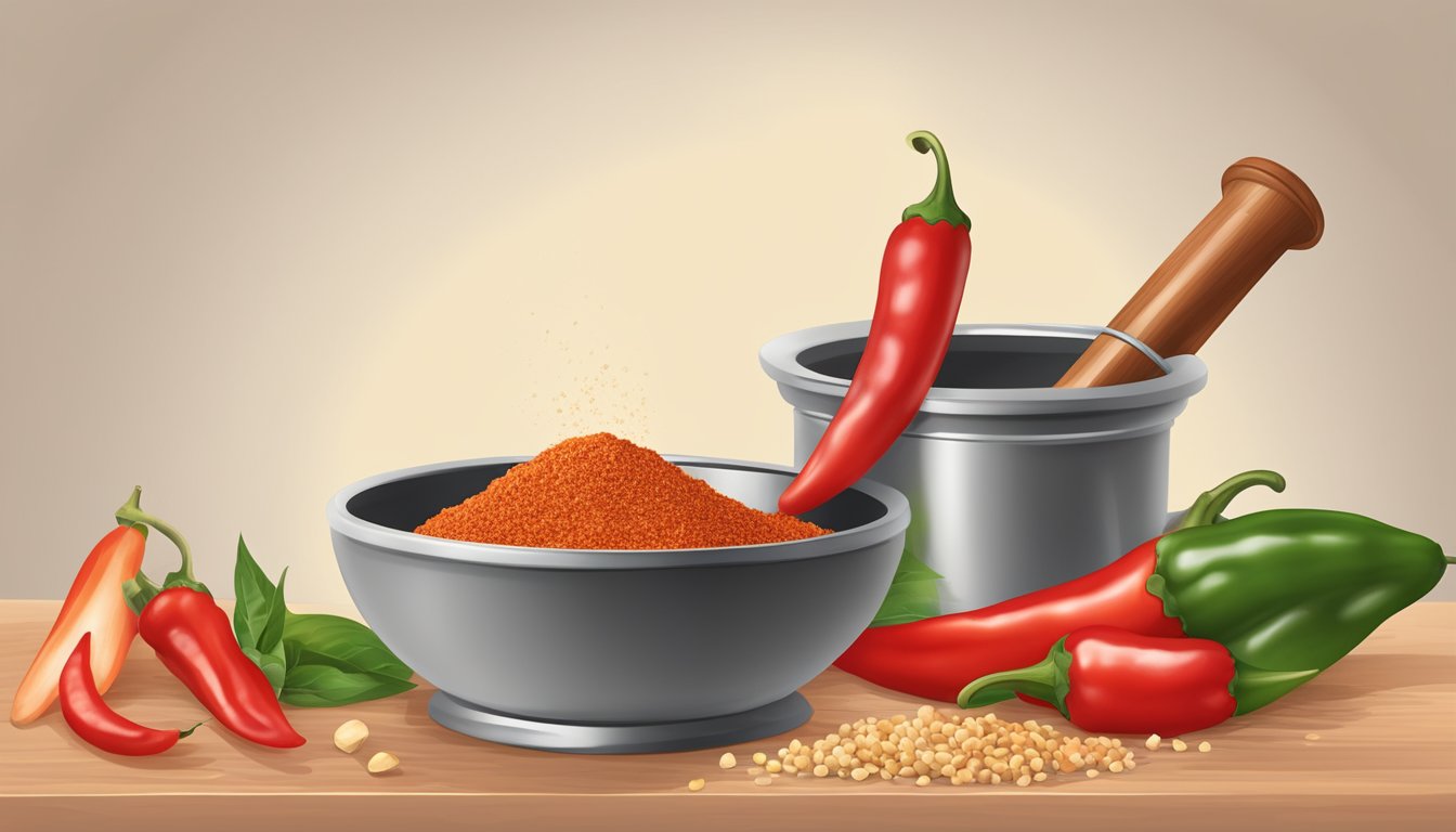 A mortar and pestle grinding red pepper flakes into a fine powder to substitute for fresh chili