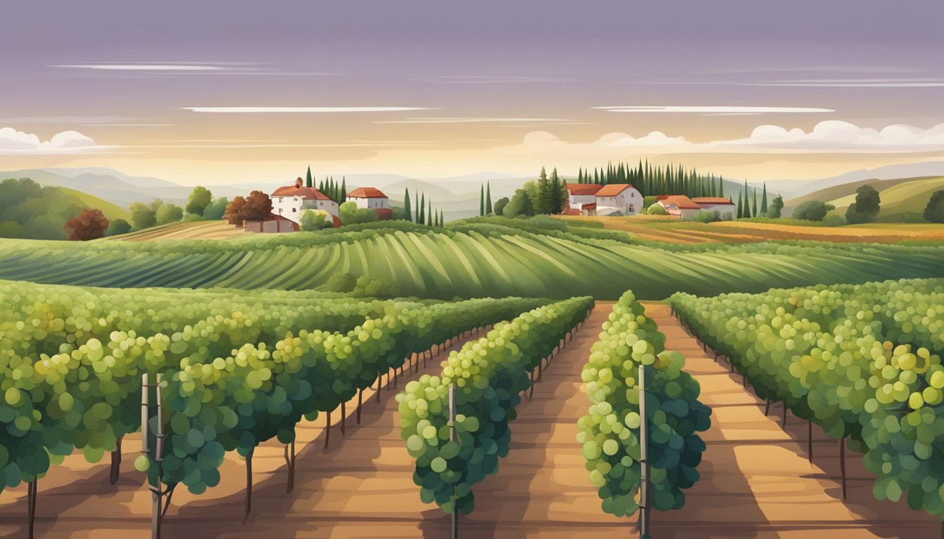 A vineyard with rows of grapevines, showcasing different varietals suited for substitution, with a focus on red wine for port in cooking