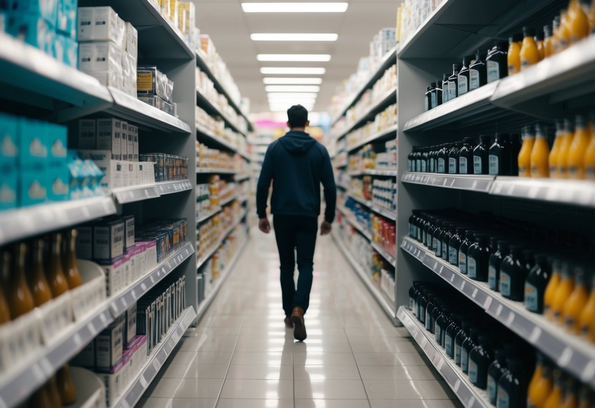 A figure walks down a narrow aisle, surrounded by shelves and products. Their hands hover awkwardly at their sides, unsure of where to go
