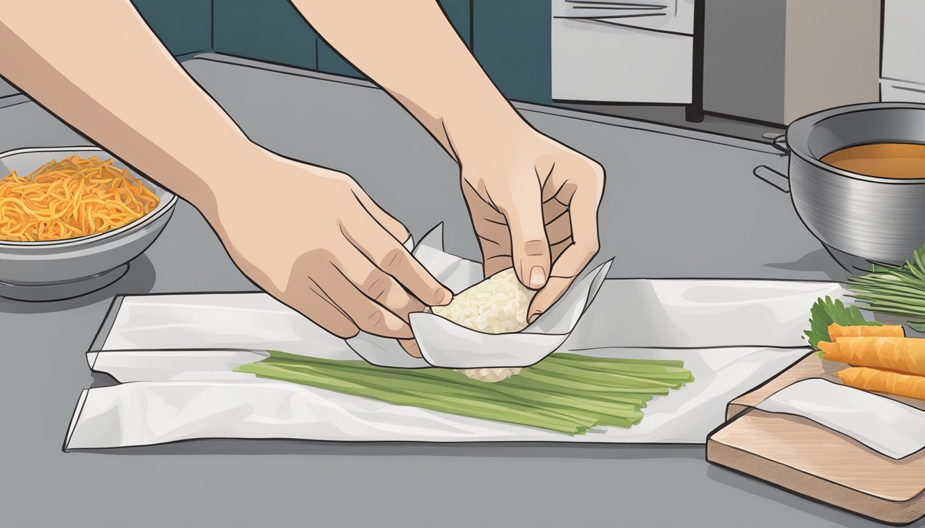 A hand reaching for rice paper and spring roll wrappers on a kitchen counter