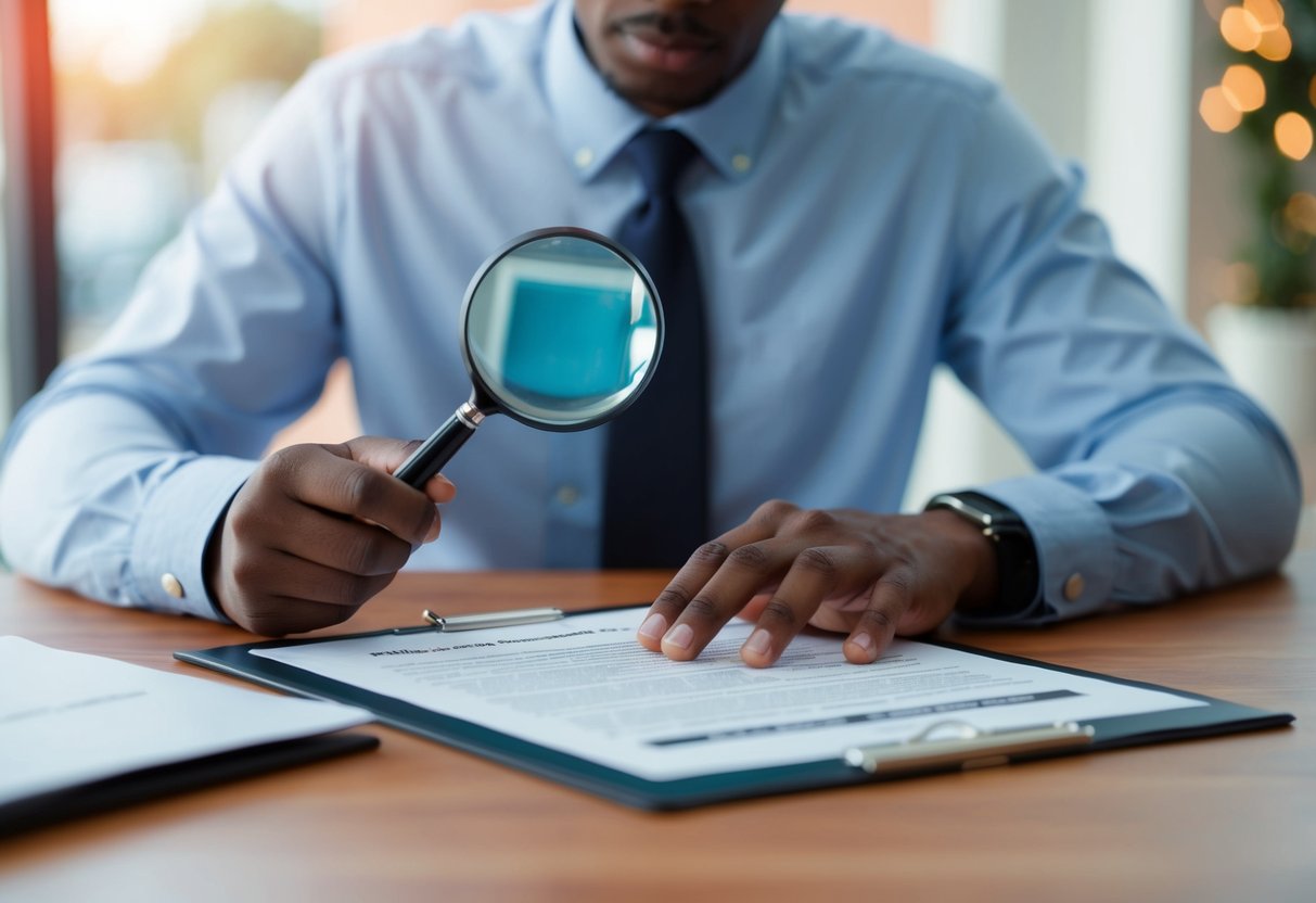 A person reviewing a rental agreement with a magnifying glass