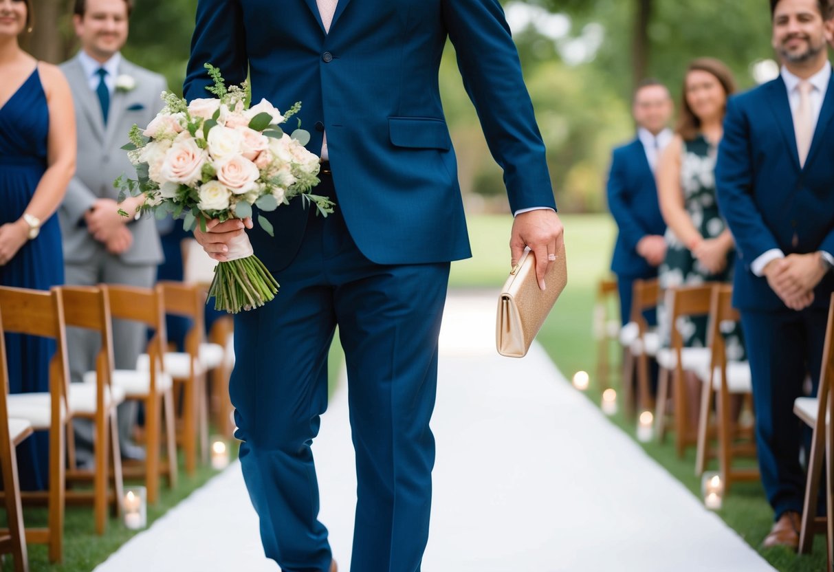 A person walking down an aisle, holding a bouquet of flowers in one hand and a small clutch or handbag in the other