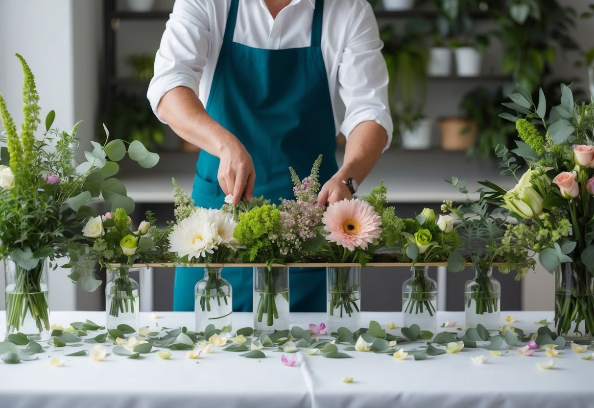 A florist arranging various flowers and greenery in a long, narrow vase on a table, surrounded by scattered petals and foliage