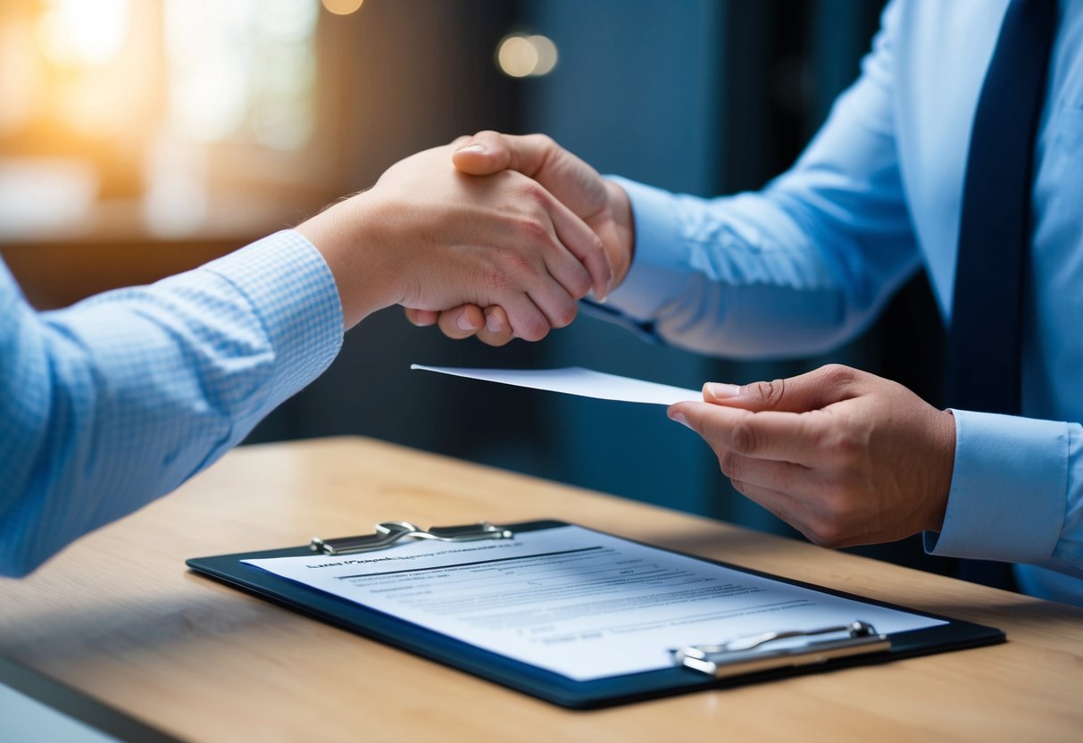 A person handing over a check or cash to a landlord, who is holding a clipboard with a rental agreement on it