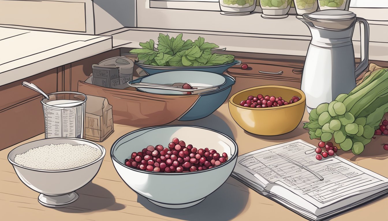 A kitchen counter with a bowl of rhubarb next to a bag of cranberries, surrounded by measuring cups and a recipe book open to a page about substitutions