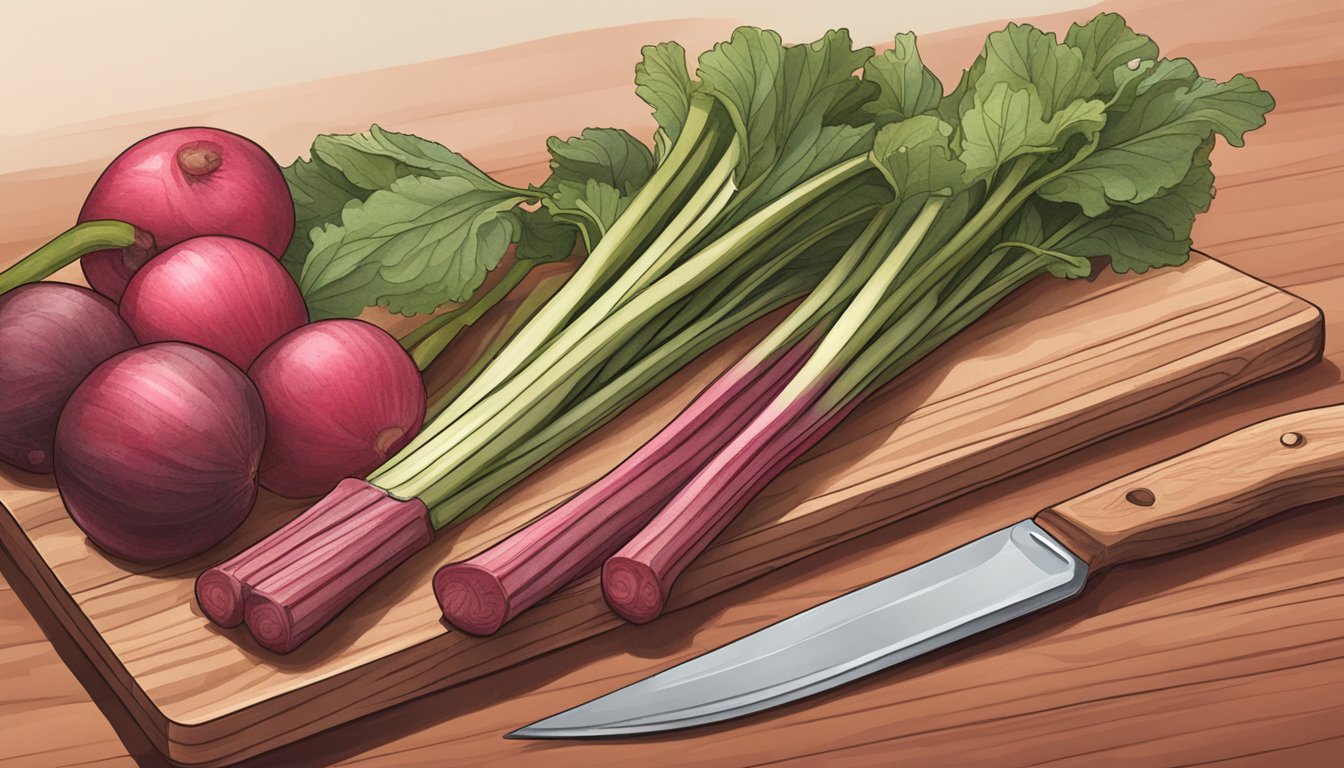 Rhubarb stalks and cranberries on a cutting board with a knife