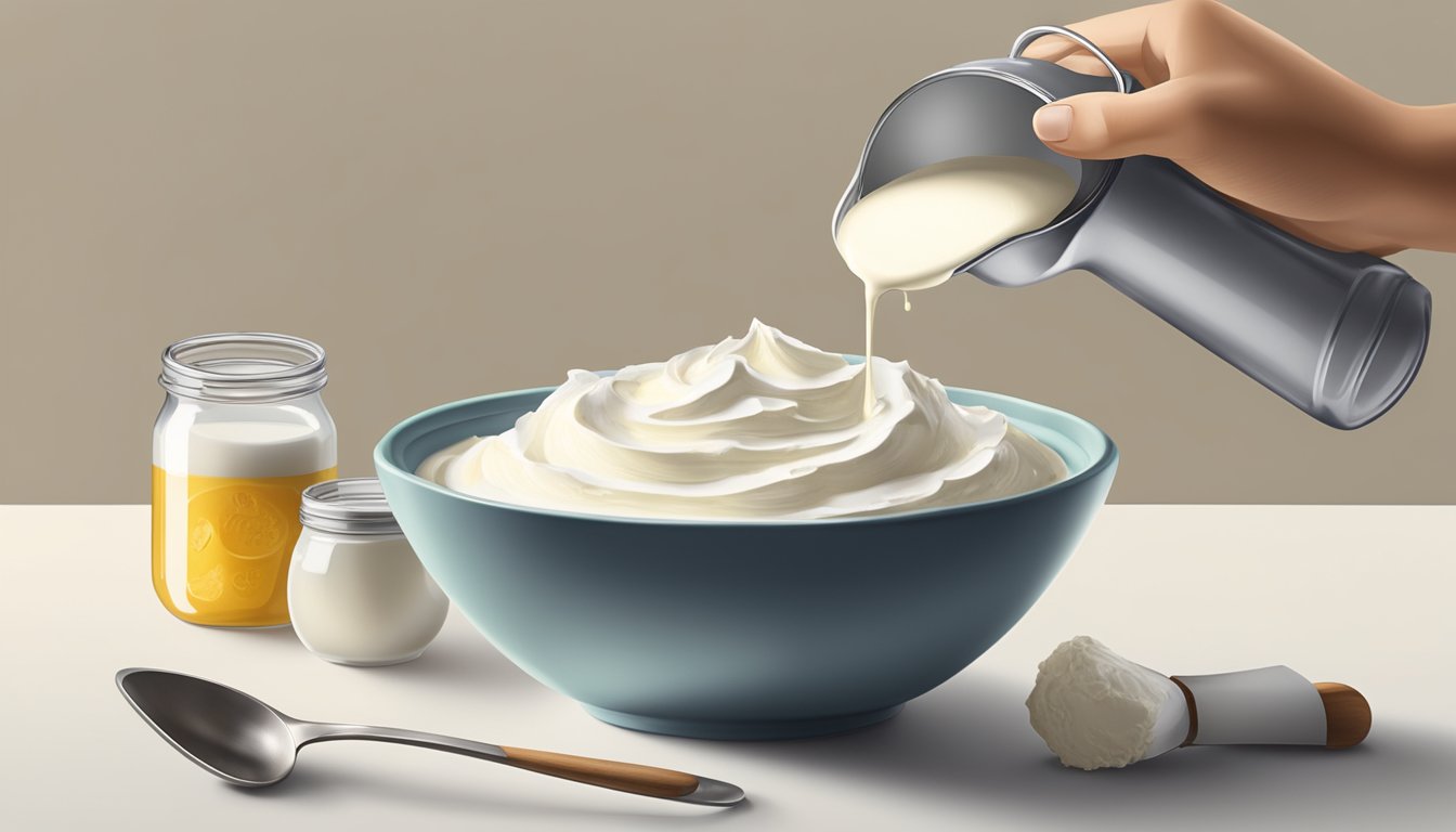 A bowl of ricotta cheese being poured into a mixing bowl, with a measuring spoon and a container of mascarpone nearby