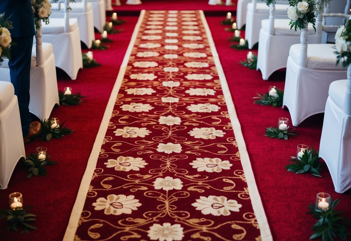 An aisle runner laid on red carpet, with floral patterns and white trim, leading towards a distant altar