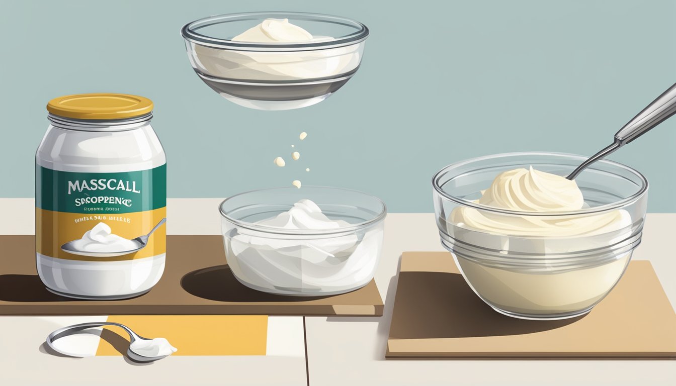 A bowl of ricotta cheese being spooned into a mixing bowl, alongside an empty container of mascarpone cheese